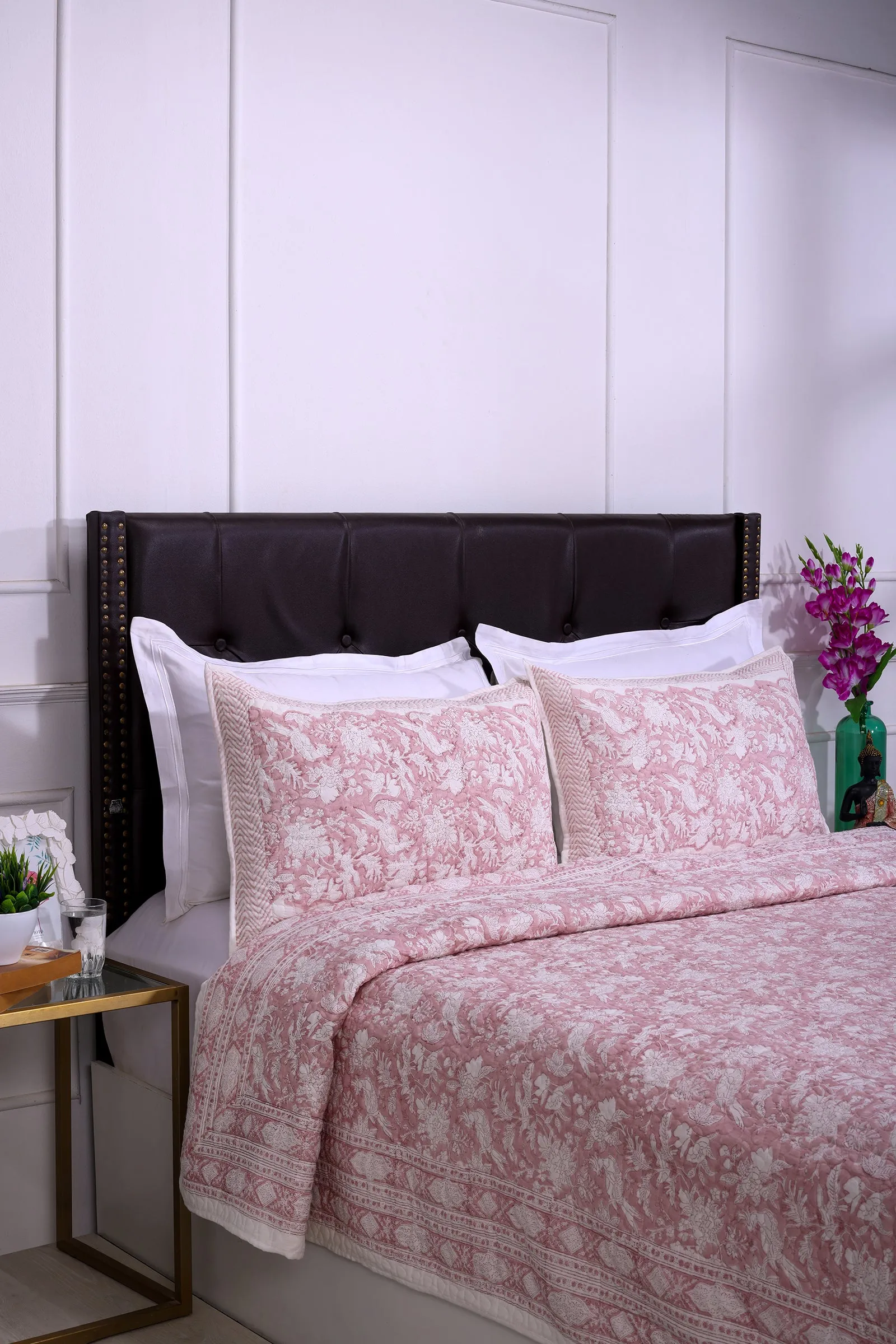Poonam Bagh Block Printed Cotton Quilted Pink Bedcover