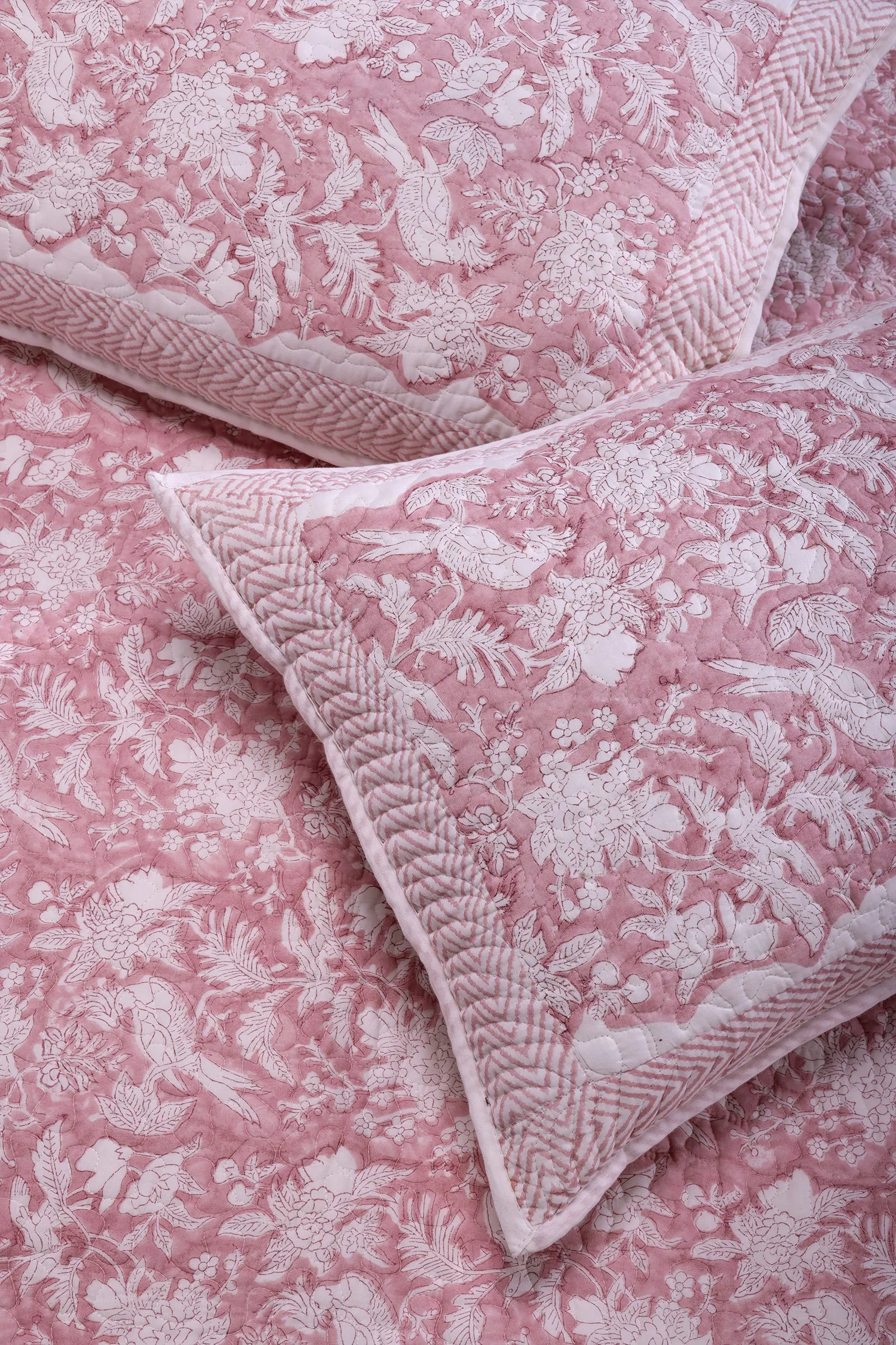 Poonam Bagh Block Printed Cotton Quilted Pink Bedcover