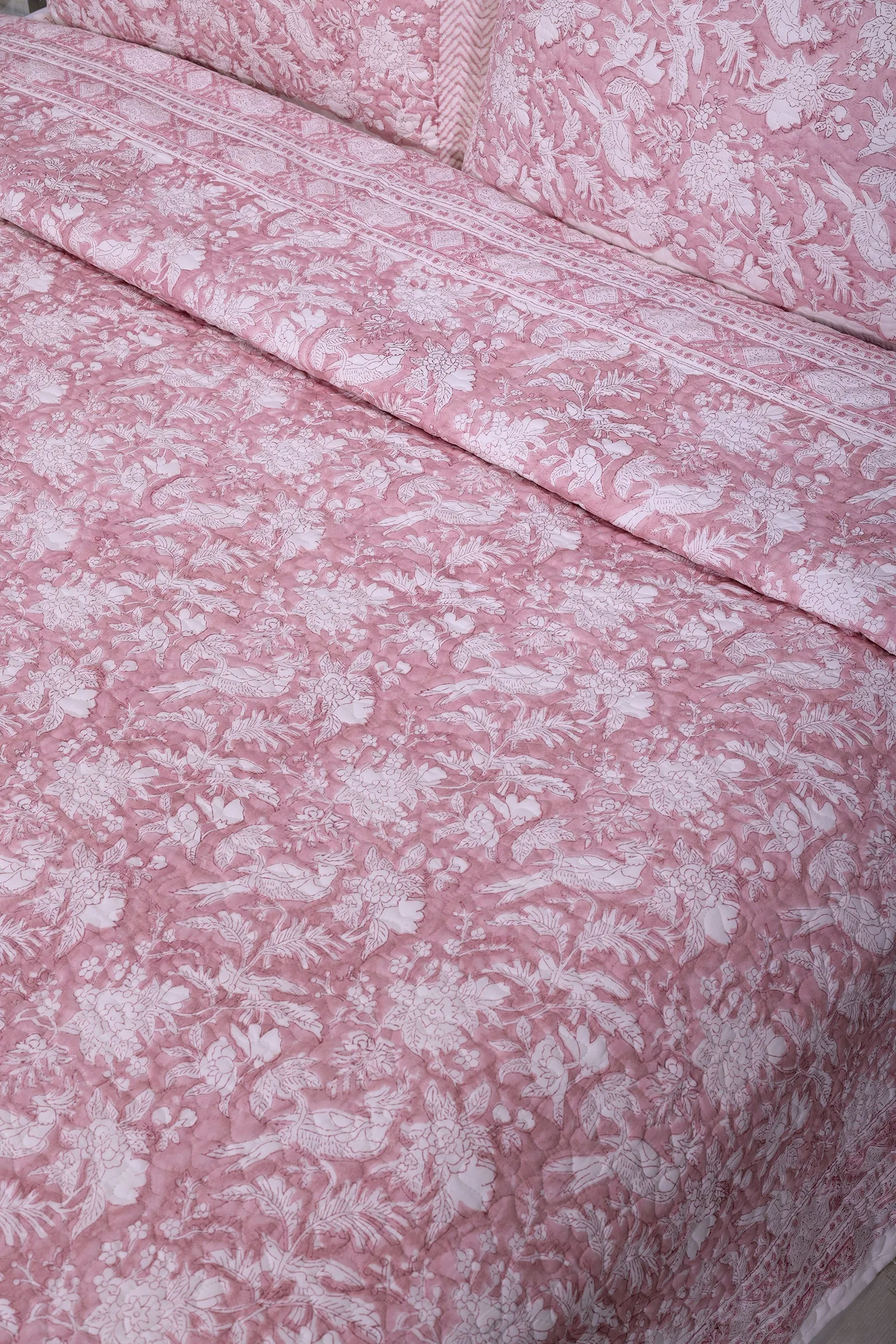 Poonam Bagh Block Printed Cotton Quilted Pink Bedcover