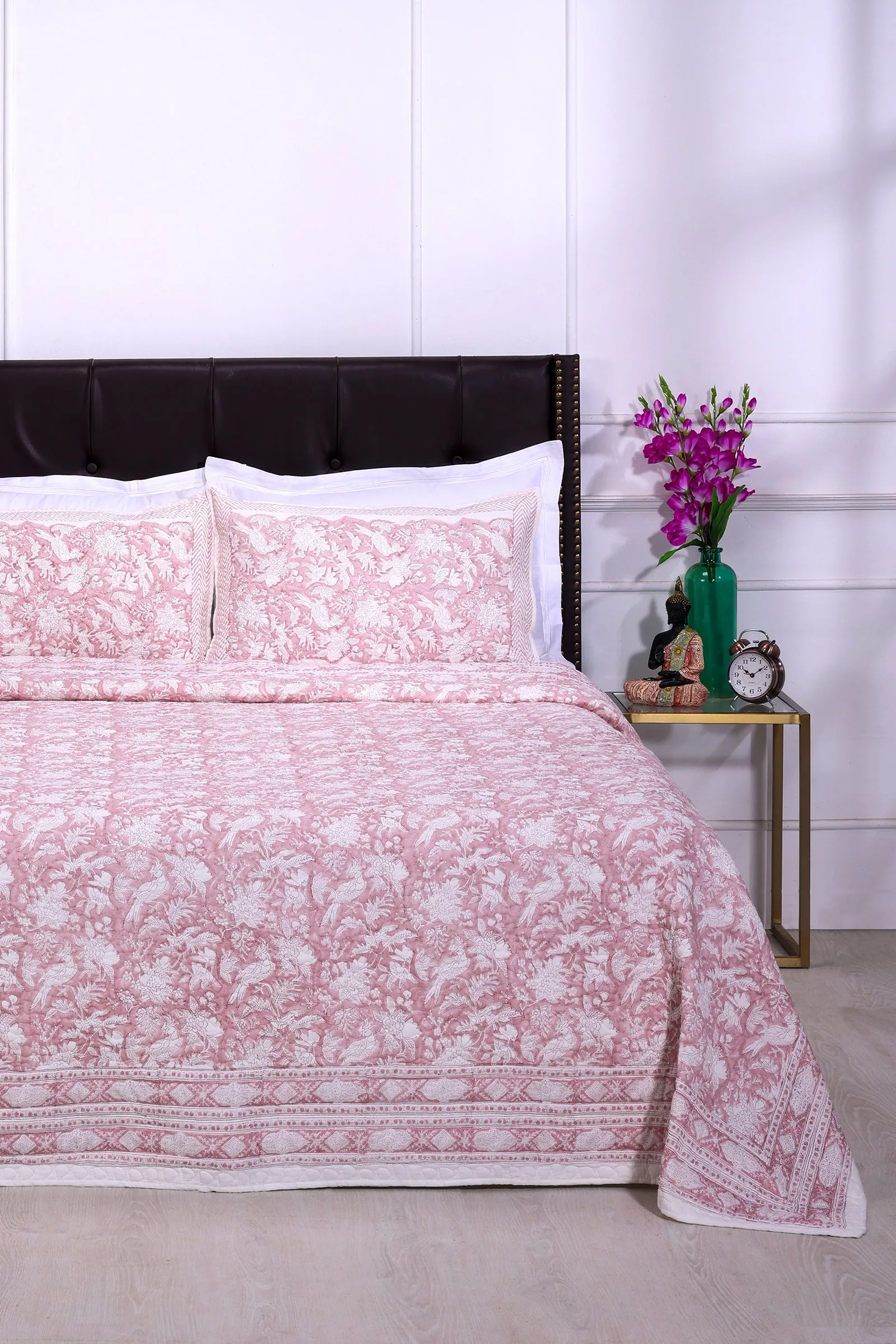Poonam Bagh Block Printed Cotton Quilted Pink Bedcover