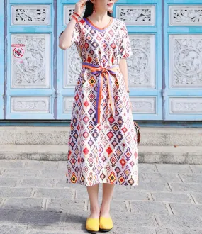 Print V Neck Women Dresses Ramie Casual Spring Linen Women Dresses SSM97215