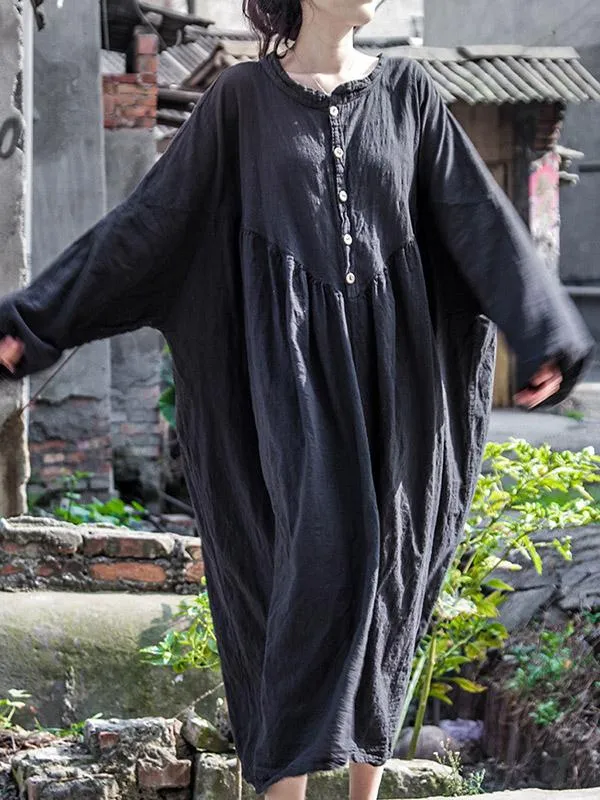 Puff Sleeve Ramie Cotton Long Dress