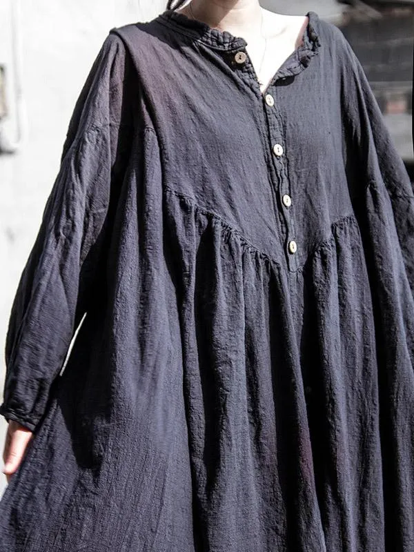 Puff Sleeve Ramie Cotton Long Dress