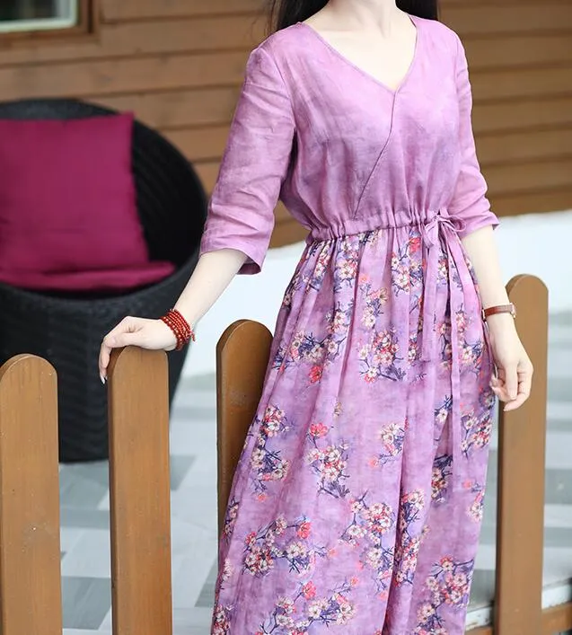 Purple Flroal Women Dresses Ramie Casual Spring Linen Women Dresses Short Sleeve SSM97215