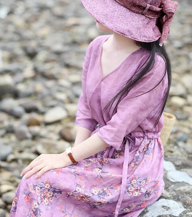 Purple Flroal Women Dresses Ramie Casual Spring Linen Women Dresses Short Sleeve SSM97215