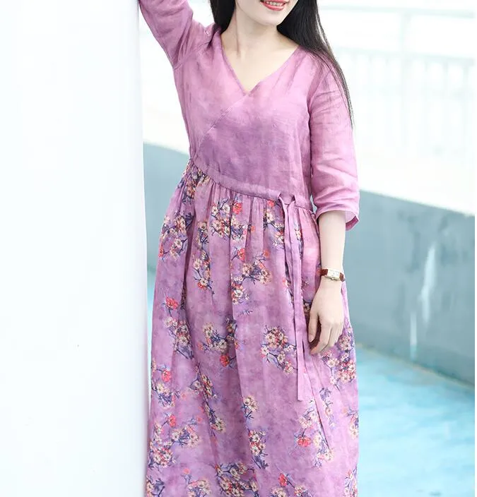 Purple Flroal Women Dresses Ramie Casual Spring Linen Women Dresses Short Sleeve SSM97215