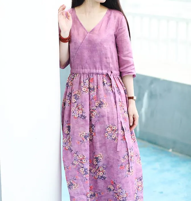 Purple Flroal Women Dresses Ramie Casual Spring Linen Women Dresses Short Sleeve SSM97215