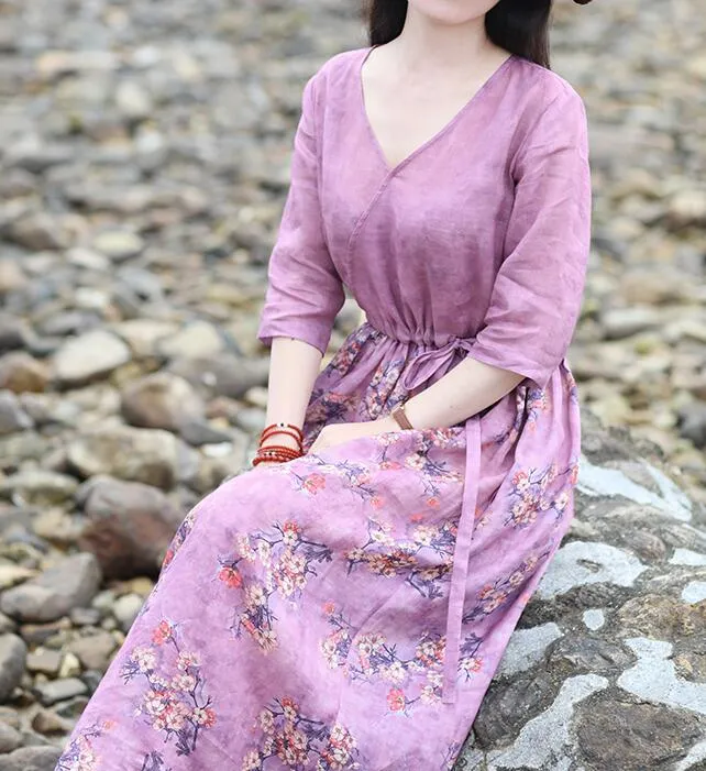 Purple Flroal Women Dresses Ramie Casual Spring Linen Women Dresses Short Sleeve SSM97215