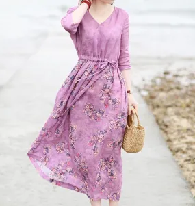 Purple Flroal Women Dresses Ramie Casual Spring Linen Women Dresses Short Sleeve SSM97215