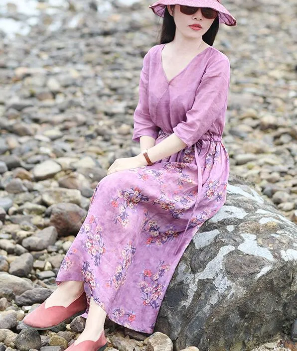 Purple Flroal Women Dresses Ramie Casual Spring Linen Women Dresses Short Sleeve SSM97215