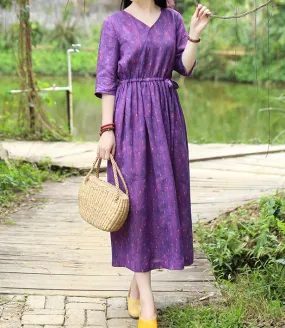 Purple Patchwork Women Dresses Ramie Casual Spring Linen Women Dresses Half Sleeve SSM97215