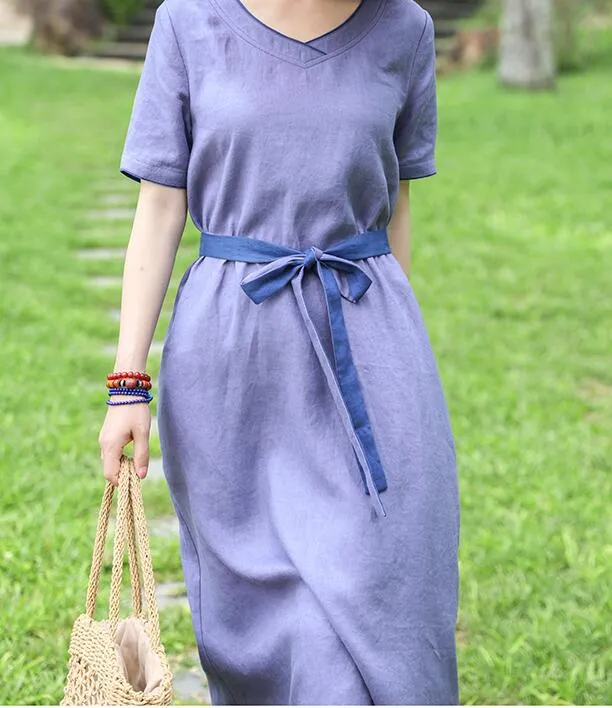 Purple V Neck Women Dresses Ramie Casual Spring Linen Women Dresses MN97215