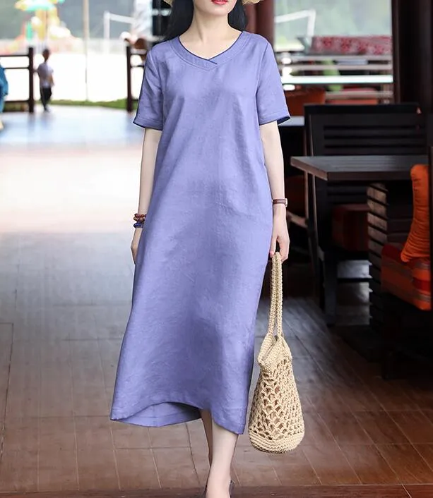 Purple V Neck Women Dresses Ramie Casual Spring Linen Women Dresses MN97215