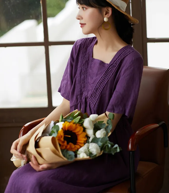 Purple Women Dresses Ramie Casual Summer Buttons Linen Shirts Women Dresses SSM97215