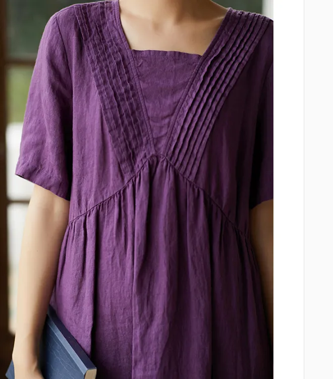 Purple Women Dresses Ramie Casual Summer Buttons Linen Shirts Women Dresses SSM97215