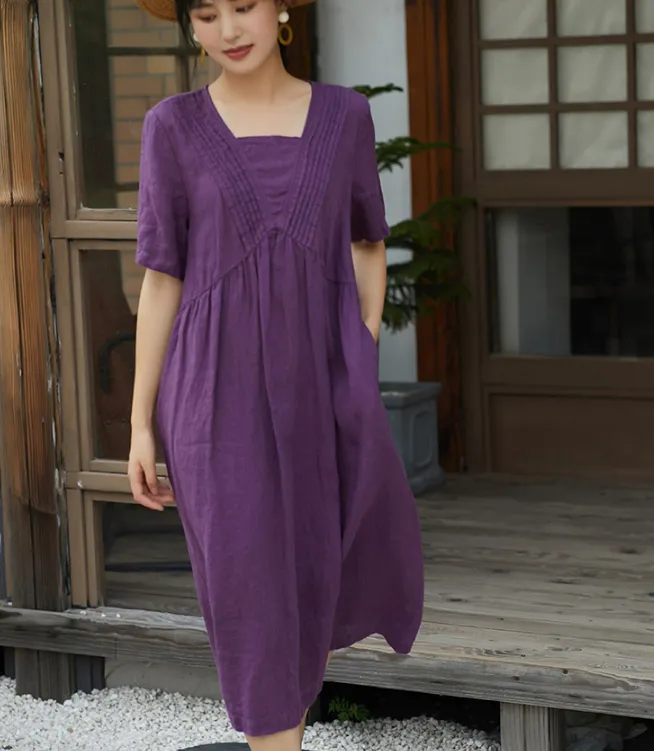 Purple Women Dresses Ramie Casual Summer Buttons Linen Shirts Women Dresses SSM97215