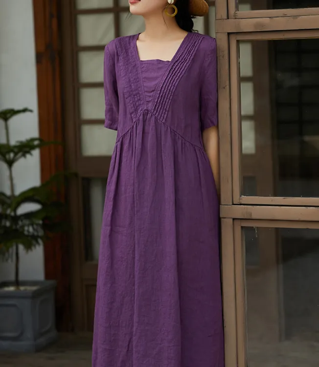Purple Women Dresses Ramie Casual Summer Buttons Linen Shirts Women Dresses SSM97215