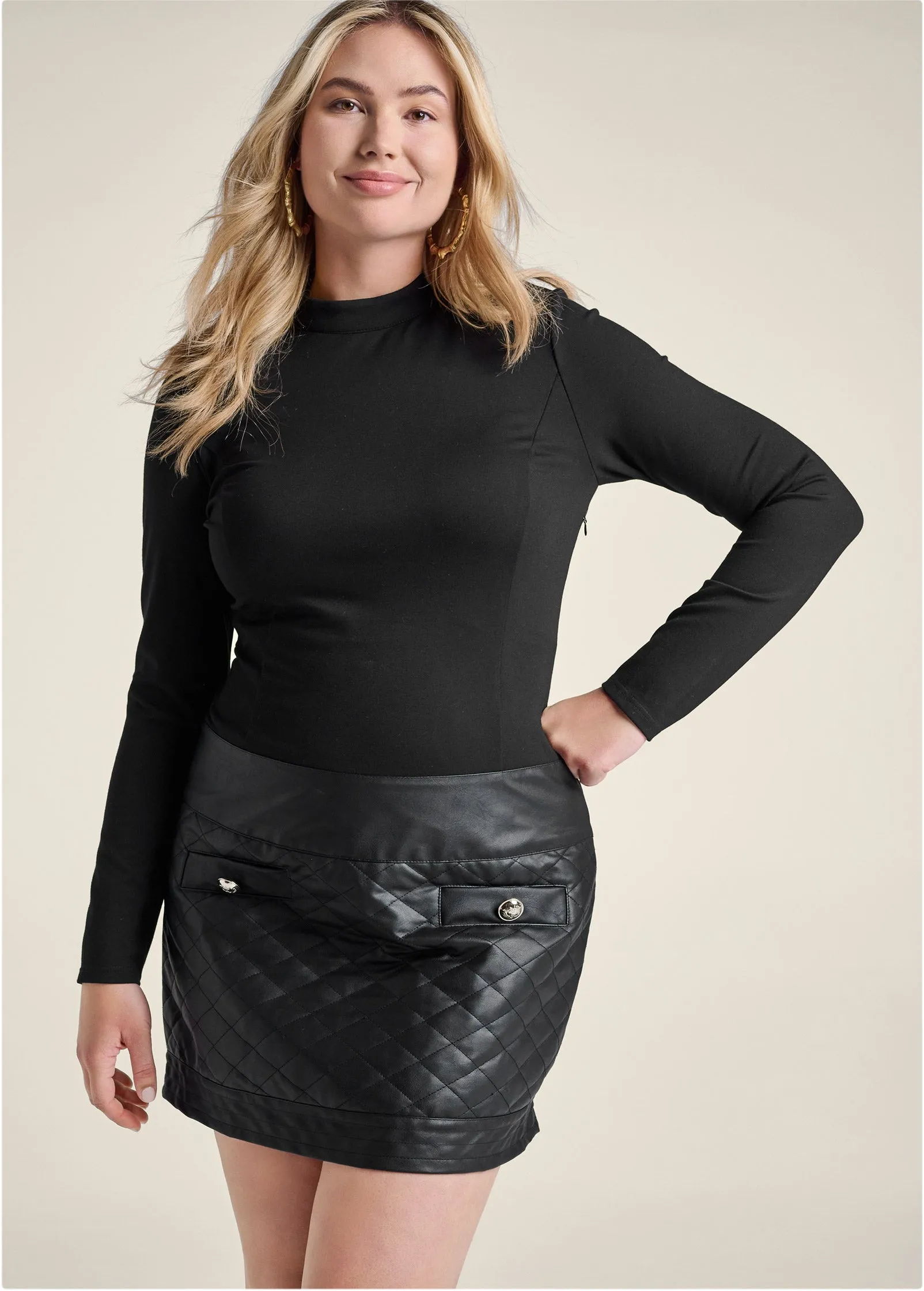 Quilted Skirt Mini Dress - Black