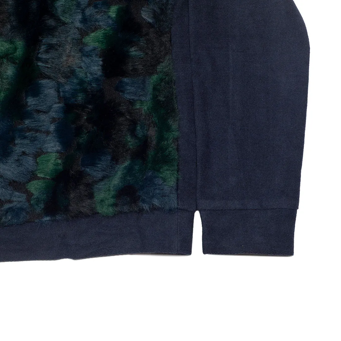 "Chestnut" jumper in navy chenille with blue, green, and navy faux-fur chest panel