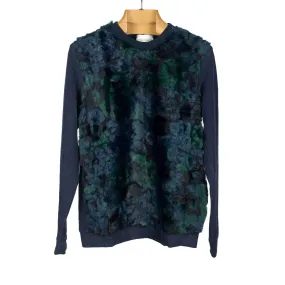 "Chestnut" jumper in navy chenille with blue, green, and navy faux-fur chest panel
