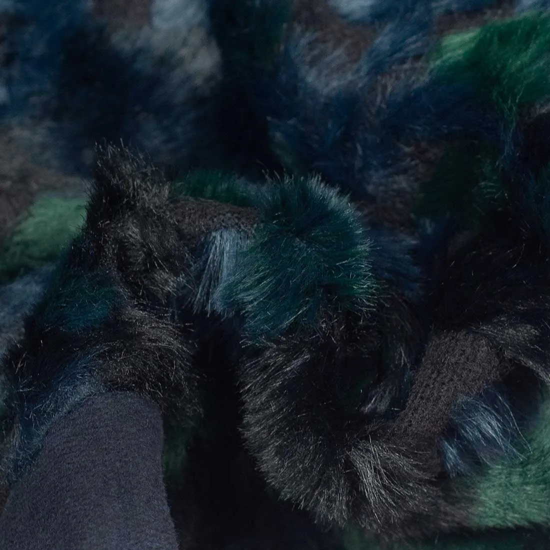 "Chestnut" jumper in navy chenille with blue, green, and navy faux-fur chest panel