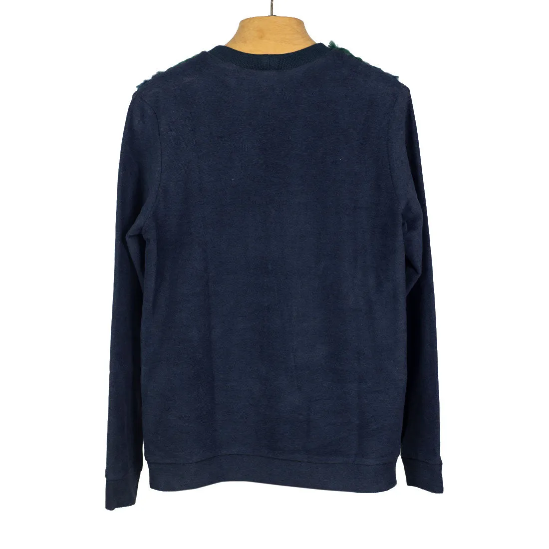 "Chestnut" jumper in navy chenille with blue, green, and navy faux-fur chest panel
