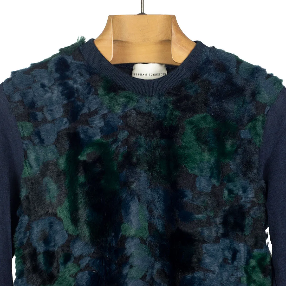 "Chestnut" jumper in navy chenille with blue, green, and navy faux-fur chest panel