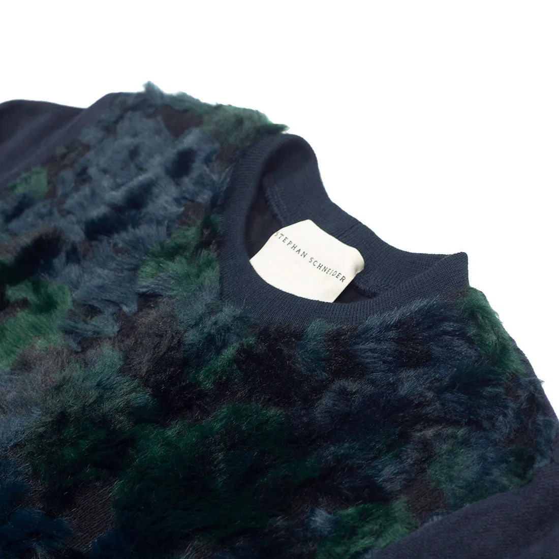 "Chestnut" jumper in navy chenille with blue, green, and navy faux-fur chest panel