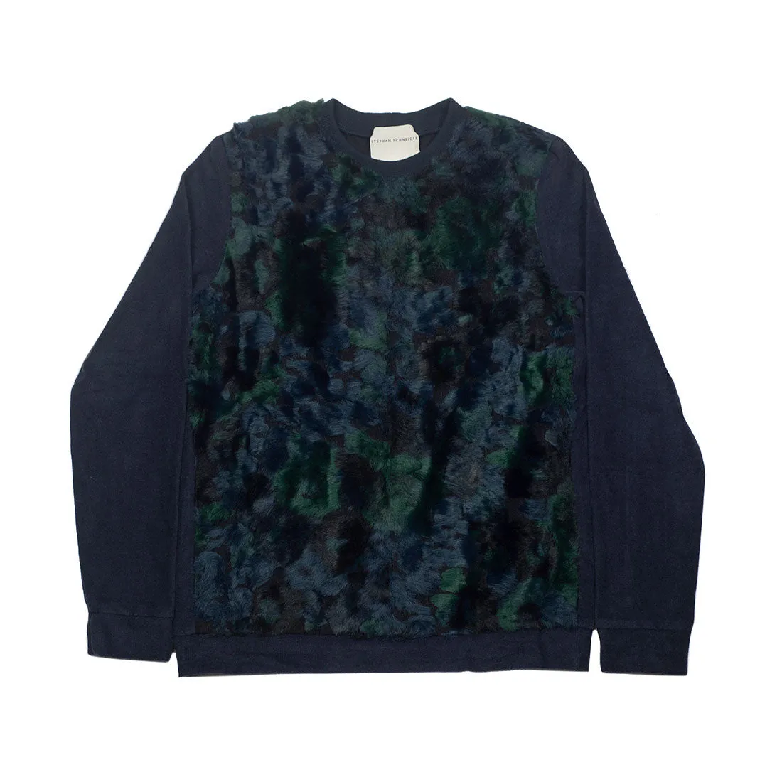 "Chestnut" jumper in navy chenille with blue, green, and navy faux-fur chest panel