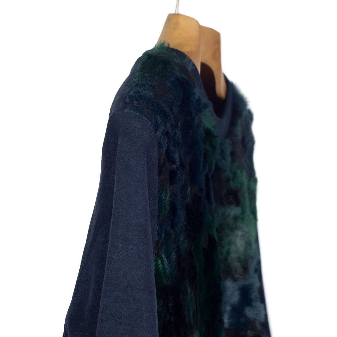 "Chestnut" jumper in navy chenille with blue, green, and navy faux-fur chest panel