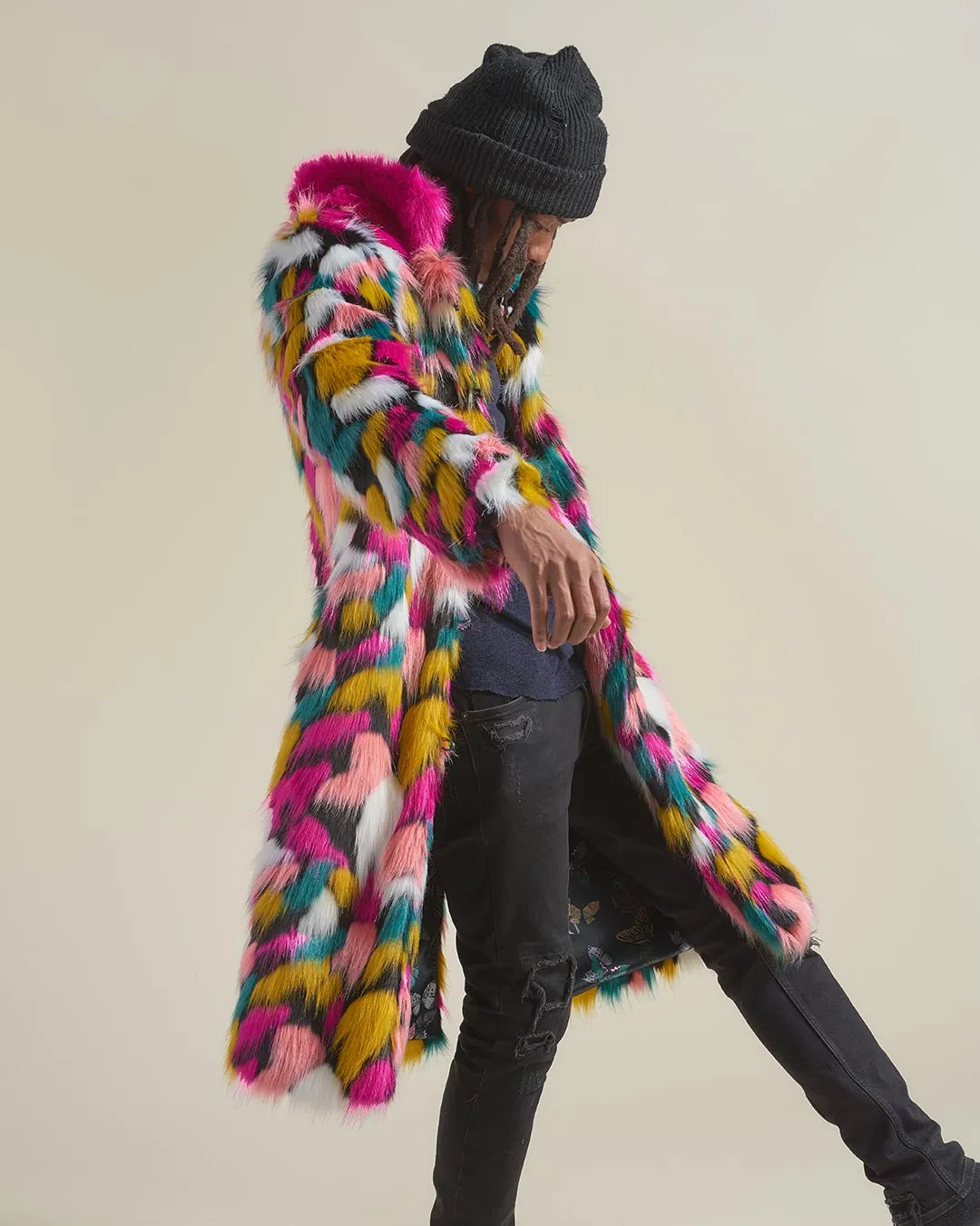 Rainbow Butterfly Calf Length Faux Fur Coat | Men's