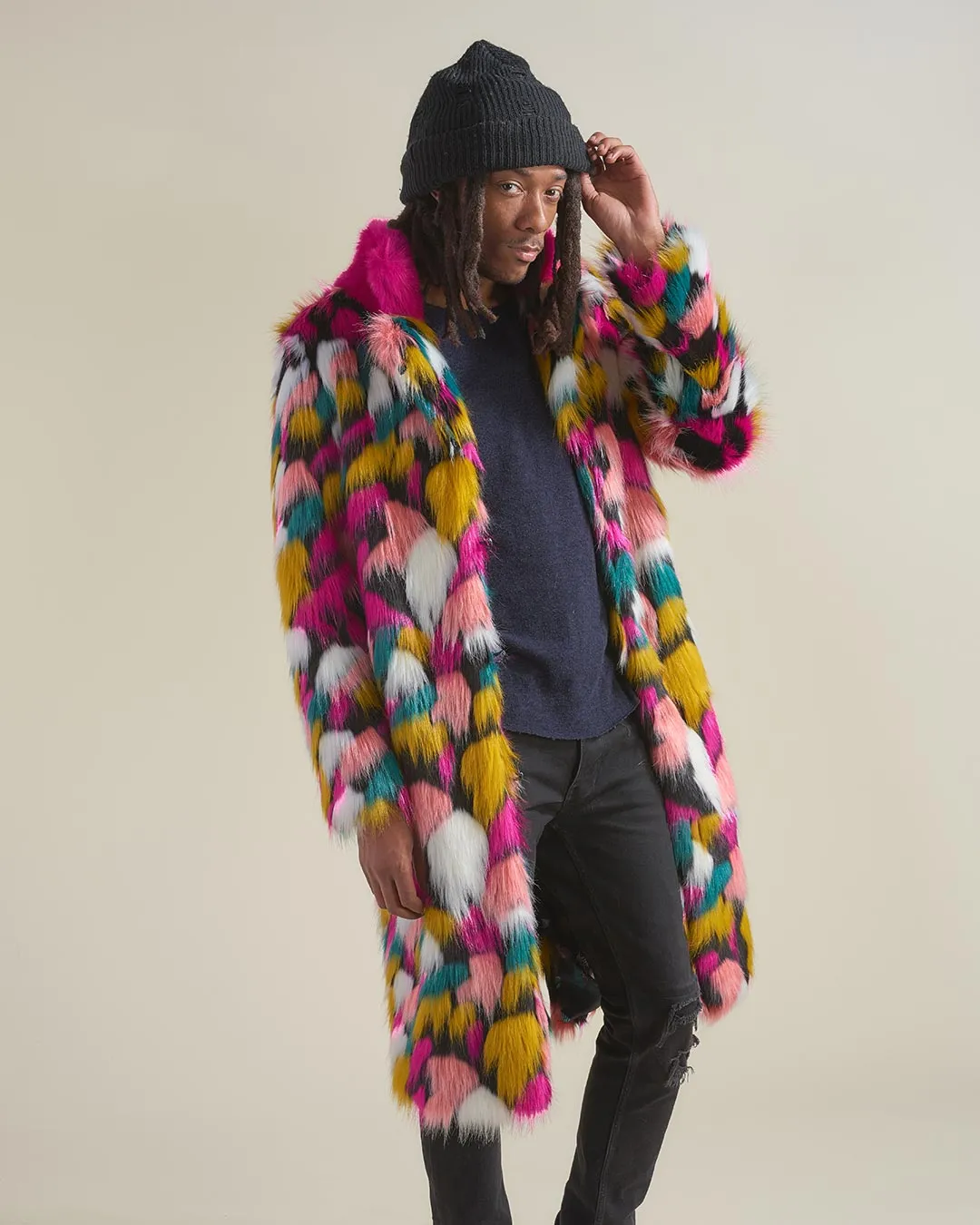 Rainbow Butterfly Calf Length Faux Fur Coat | Men's