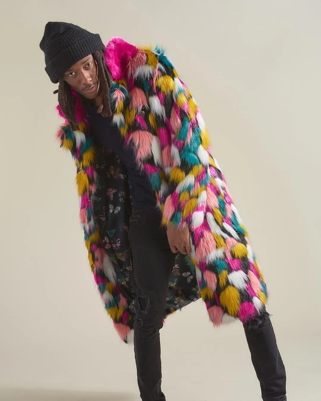 Rainbow Butterfly Calf Length Faux Fur Coat | Men's