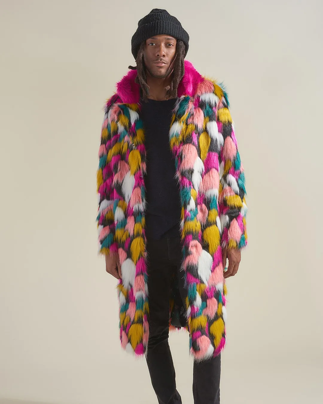 Rainbow Butterfly Calf Length Faux Fur Coat | Men's