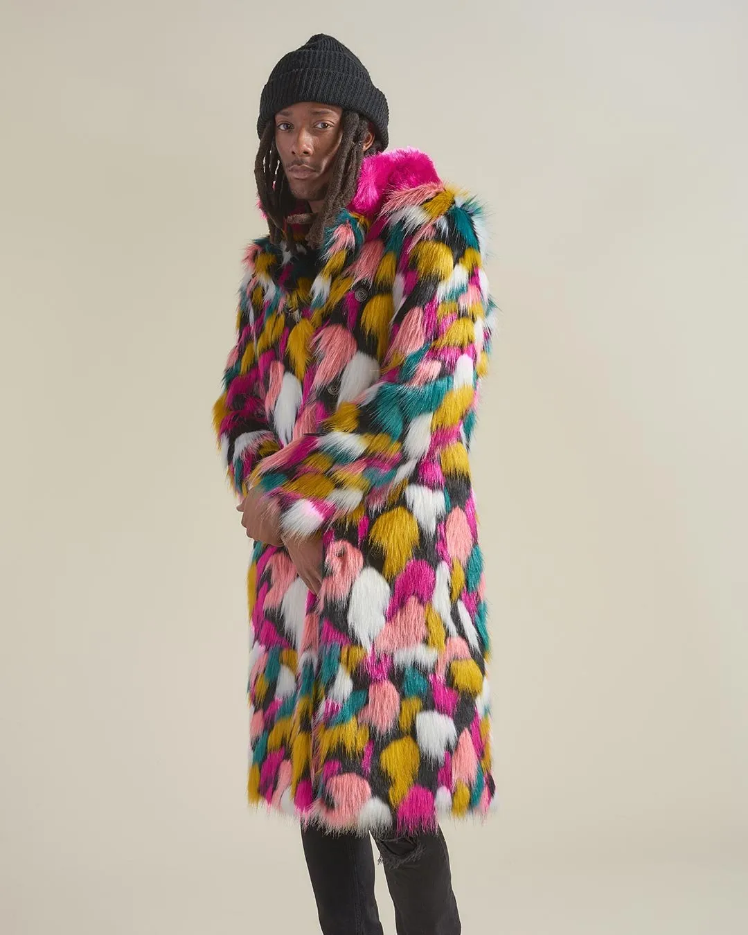 Rainbow Butterfly Calf Length Faux Fur Coat | Men's