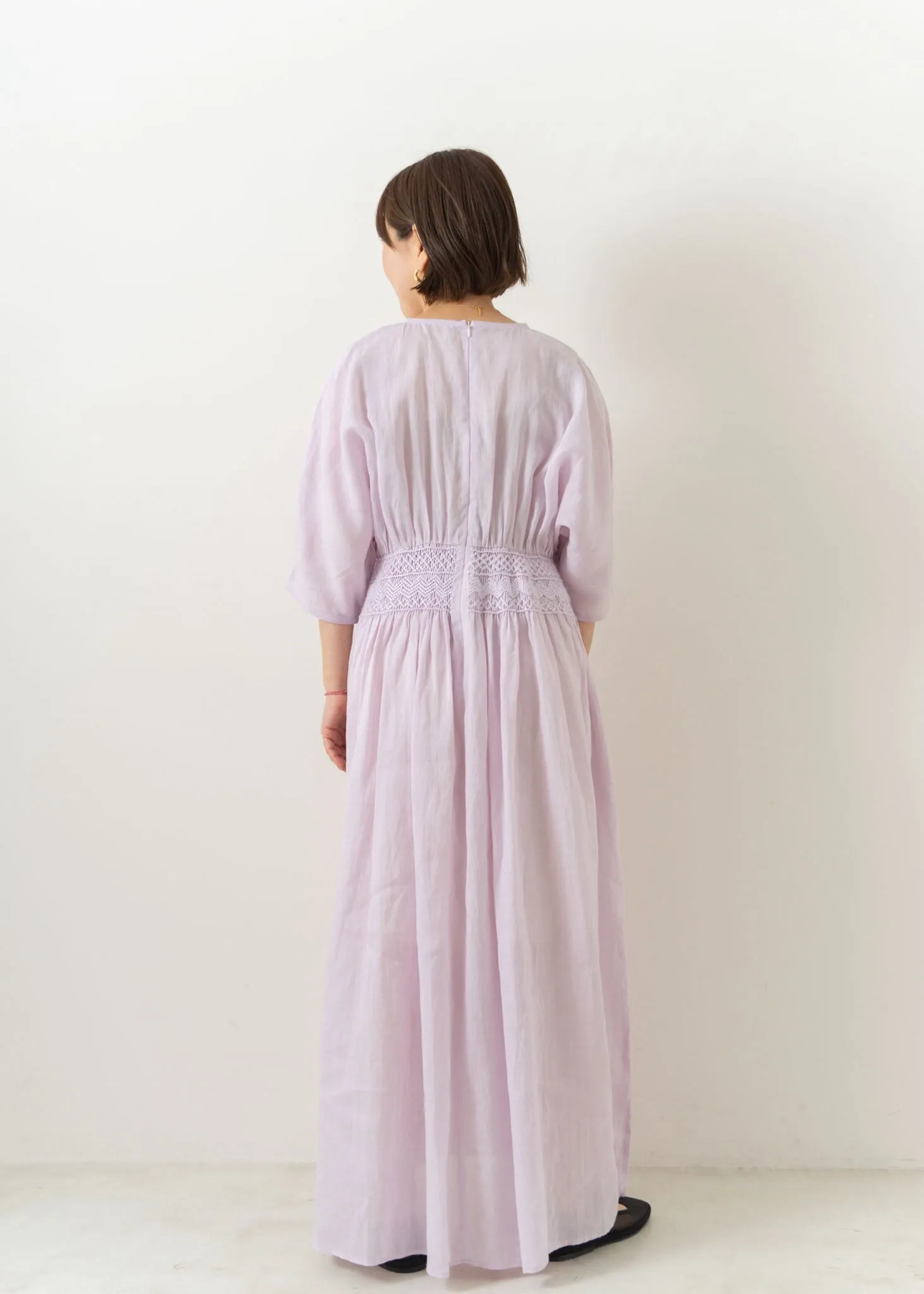 Ramie Smocking Half Sleeve Dress