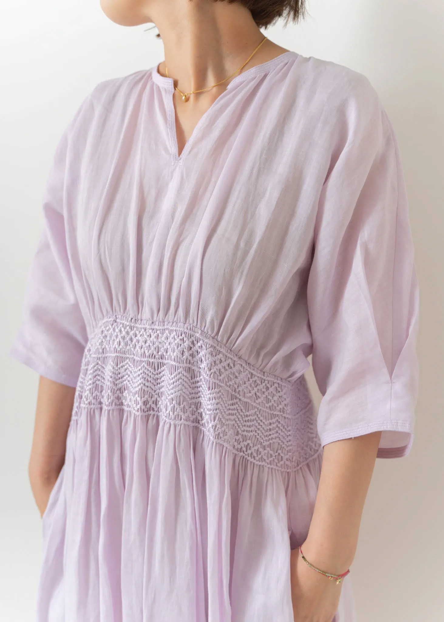 Ramie Smocking Half Sleeve Dress