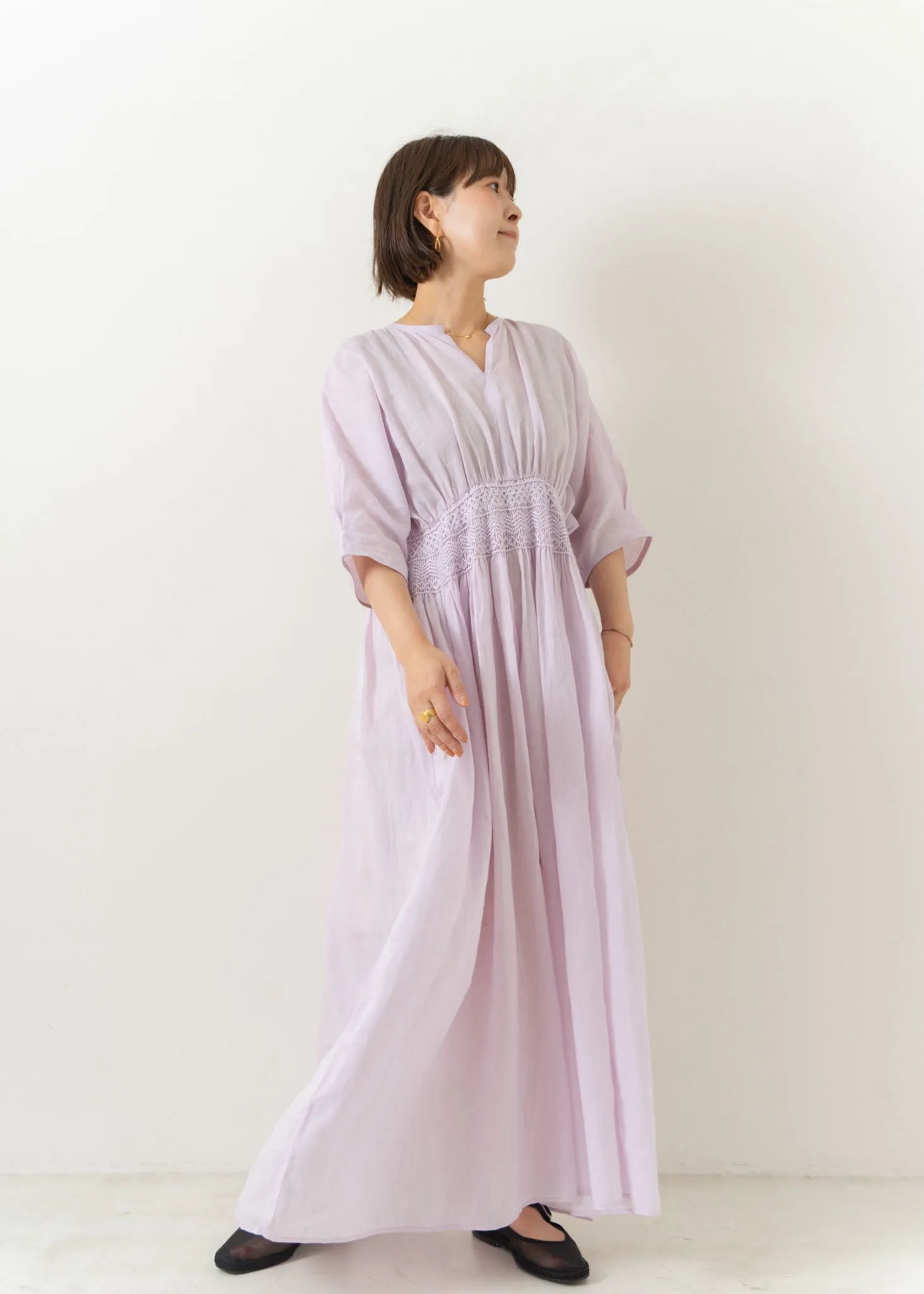 Ramie Smocking Half Sleeve Dress