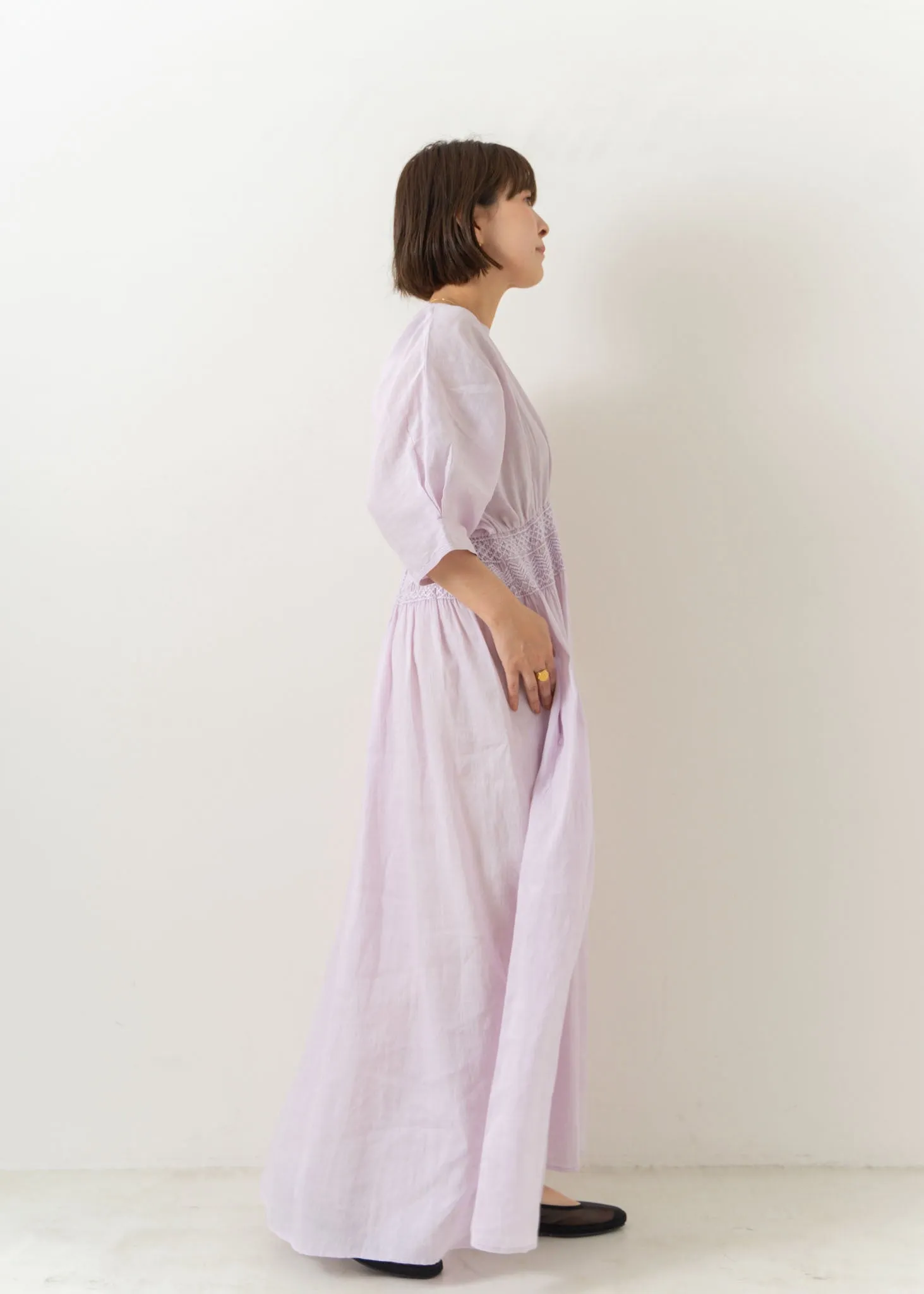 Ramie Smocking Half Sleeve Dress