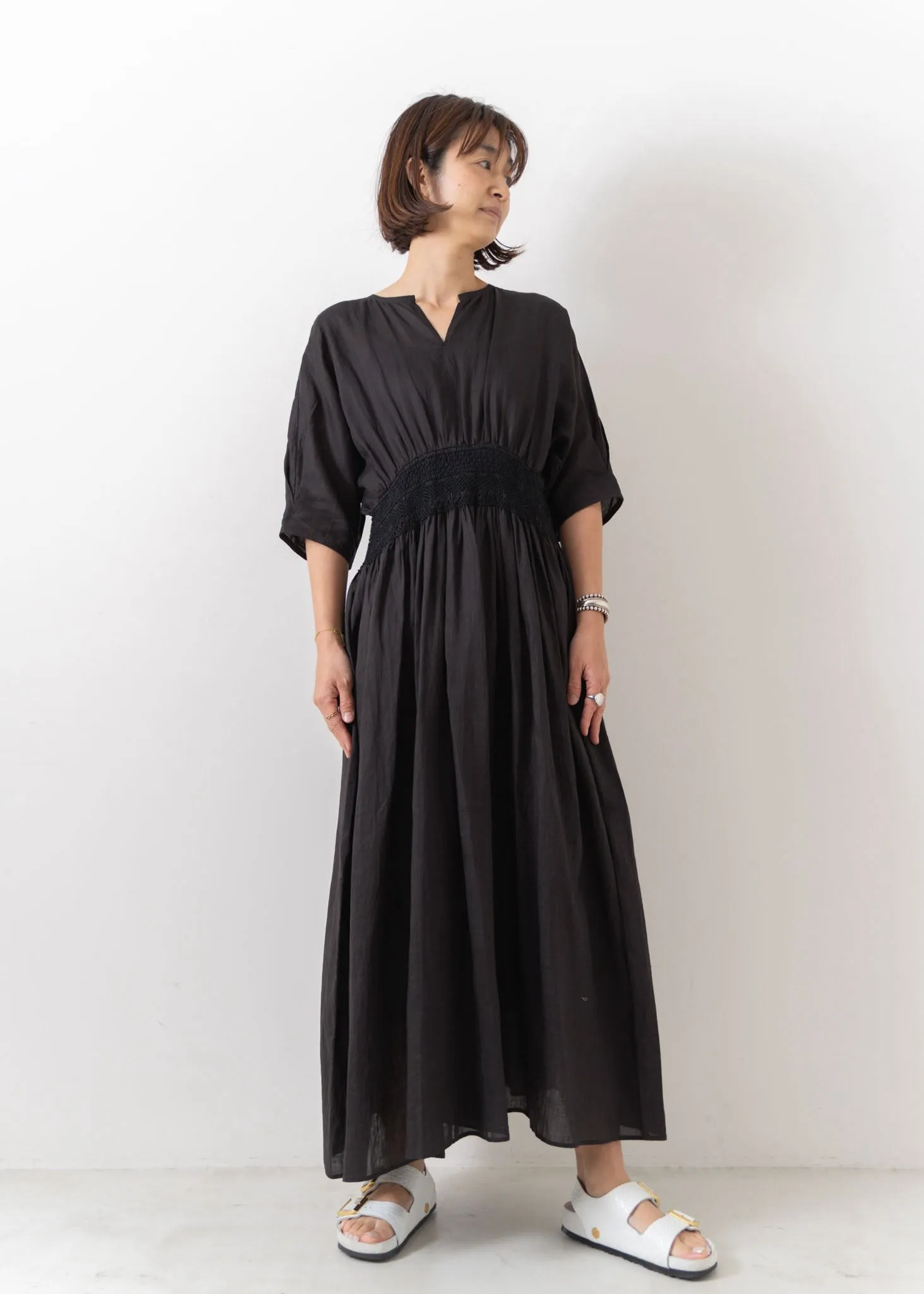 Ramie Smocking Half Sleeve Dress