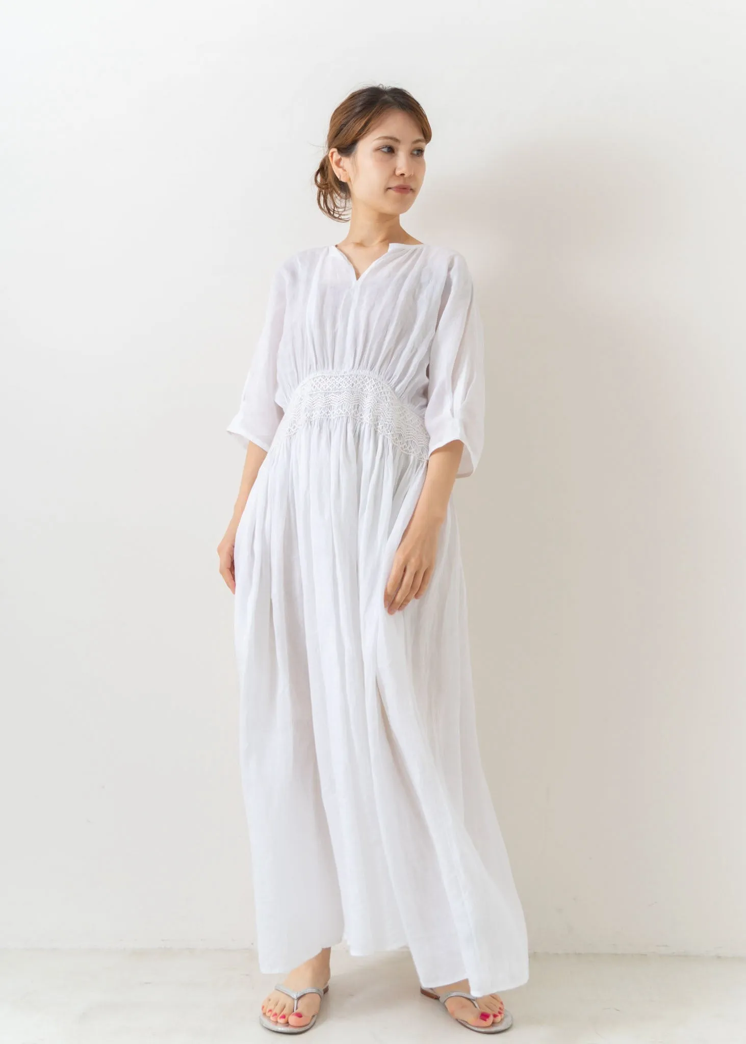 Ramie Smocking Half Sleeve Dress