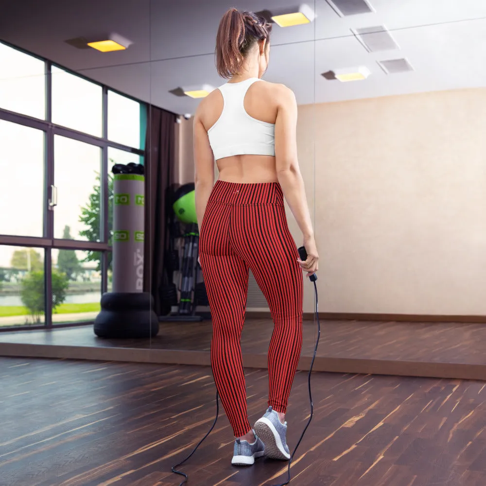 Red Black Striped Yoga Leggings, Vertically Stripes Women's Long Tights-Made in USA/EU/MX