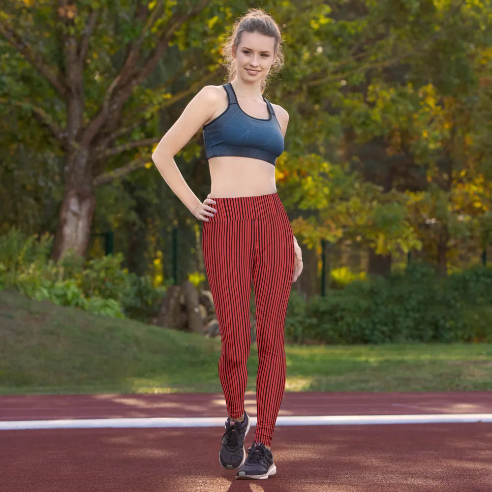 Red Black Striped Yoga Leggings, Vertically Stripes Women's Long Tights-Made in USA/EU/MX