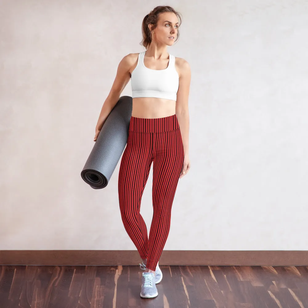 Red Black Striped Yoga Leggings, Vertically Stripes Women's Long Tights-Made in USA/EU/MX
