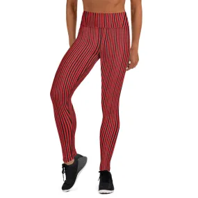Red Black Striped Yoga Leggings, Vertically Stripes Women's Long Tights-Made in USA/EU/MX