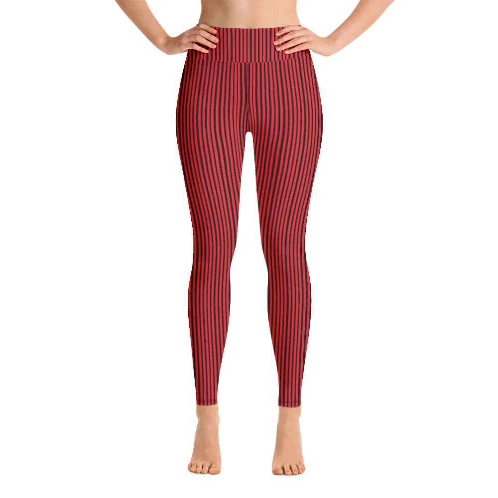 Red Black Striped Yoga Leggings, Vertically Stripes Women's Long Tights-Made in USA/EU/MX