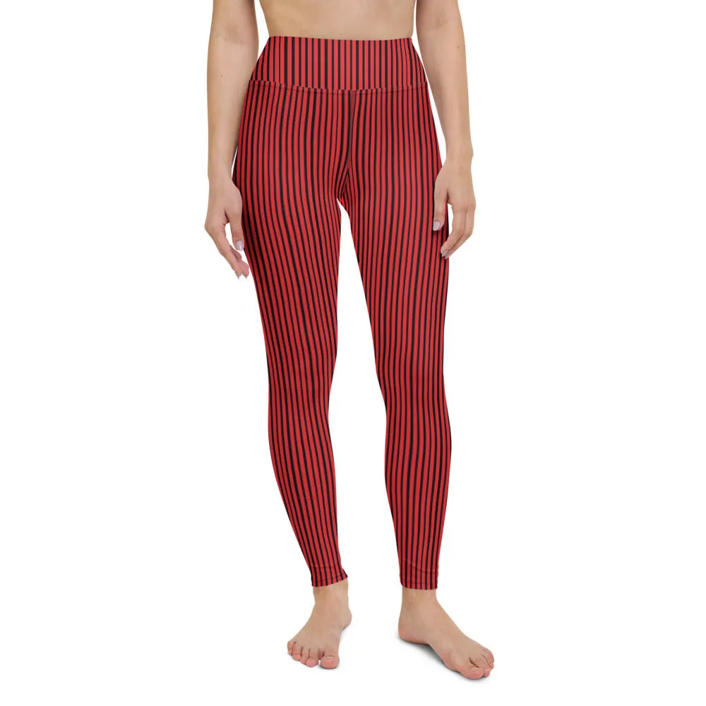 Red Black Striped Yoga Leggings, Vertically Stripes Women's Long Tights-Made in USA/EU/MX
