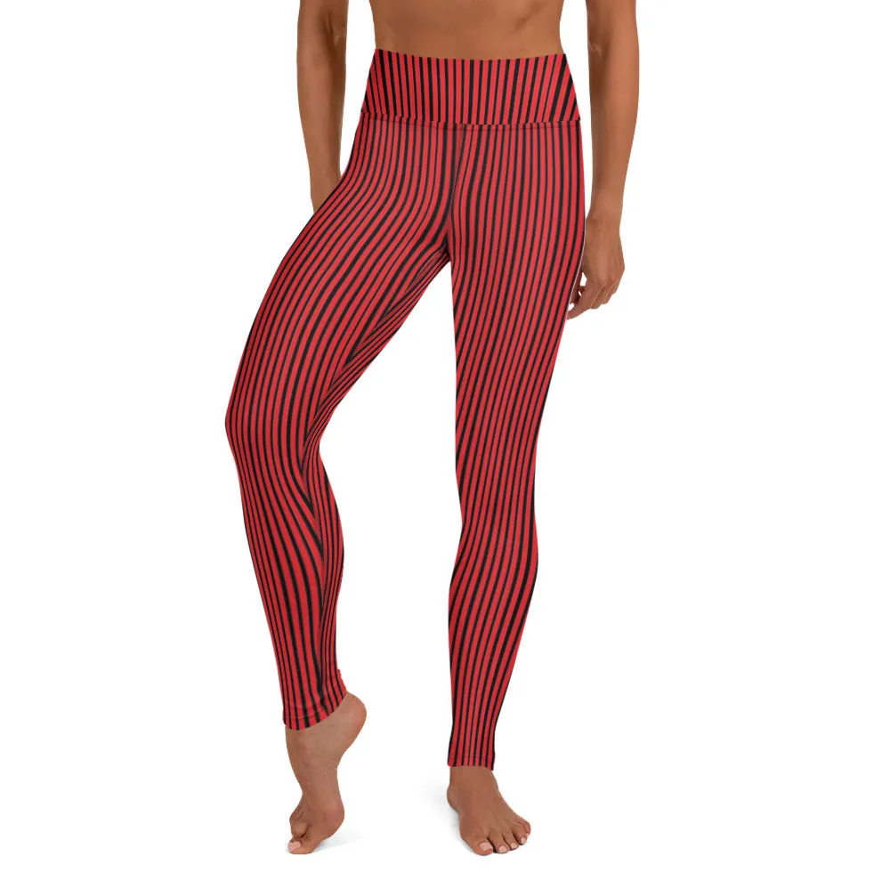 Red Black Striped Yoga Leggings, Vertically Stripes Women's Long Tights-Made in USA/EU/MX