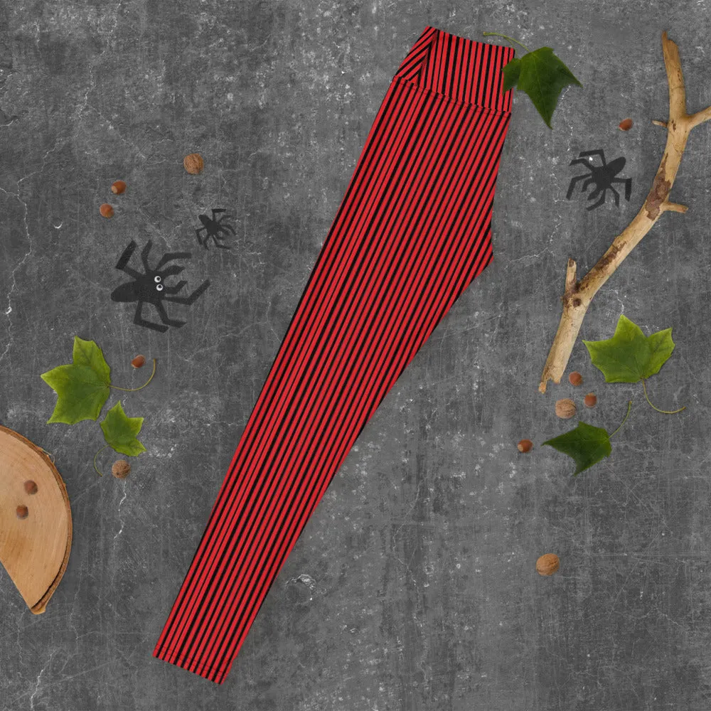 Red Black Striped Yoga Leggings, Vertically Stripes Women's Long Tights-Made in USA/EU/MX