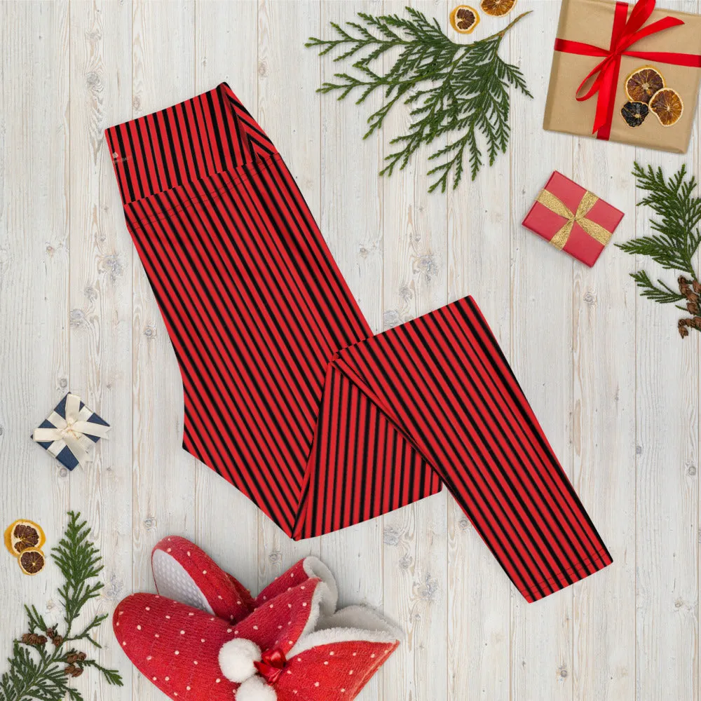 Red Black Striped Yoga Leggings, Vertically Stripes Women's Long Tights-Made in USA/EU/MX